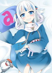 Rule 34 | 1girl, bloop (gawr gura), blue dress, blue eyes, blue hair, blush, breasts, dress, gawr gura, gawr gura (1st costume), grin, hair ornament, hairclip, hololive, hololive english, ichimi, looking at viewer, lying, medium breasts, multicolored hair, on back, open mouth, pillow, sharp teeth, smile, solo, teeth, virtual youtuber, white hair