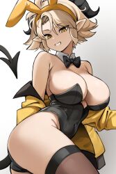 Rule 34 | 1girl, animal ears, black bow, black bowtie, black leotard, bow, bowtie, breasts, brown thighhighs, covered navel, demon tail, detached collar, fake animal ears, jacket, large breasts, leotard, long hair, long sleeves, looking at viewer, nago purin, original, playboy bunny, pointy ears, rabbit ears, smile, solo, susan (rakeemspoon), tail, thighhighs, yellow eyes, yellow jacket