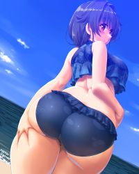 Rule 34 | 1girl, ass, beach, bikini, black hair, breasts, cloud, cowboy shot, day, dd (ijigendd), deep skin, frilled bikini, frills, grabbing own breast, hair flaps, highres, horizon, huge ass, jingei (kancolle), kantai collection, large breasts, long hair, looking at viewer, looking back, low ponytail, ocean, red eyes, shiny skin, smile, solo, swimsuit