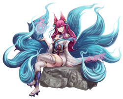 Rule 34 | 1girl, absurdres, ahri (league of legends), alternate hair color, animal ear fluff, animal ears, artist request, bell, blue tail, breasts, cleavage, crossed legs, energy ball, facial mark, fox ears, fox tail, hair bell, hair ornament, highres, kitsune, korean clothes, kyuubi, large breasts, league of legends, lips, long straw, low neckline, multiple tails, nail polish, rock, simple background, sitting, sitting on rock, solo, spirit blossom ahri, tail, vastaya, very long fingernails, whisker markings, white background