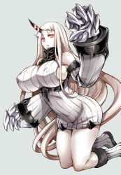 Rule 34 | 10s, 1girl, abyssal ship, bare shoulders, breasts, claws, colored skin, dress, grey background, horns, huge breasts, kantai collection, long hair, looking at viewer, musashino sekai, parted lips, red eyes, ribbed dress, ribbed sweater, seaport princess, short dress, sideboob, simple background, single horn, solo, sweater, sweater dress, thighs, turtleneck, very long hair, white hair, white skin