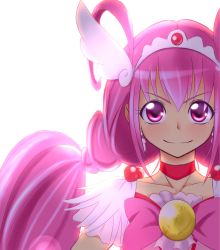 Rule 34 | 10s, 1girl, backlighting, blush, bow, choker, cure happy, earrings, eyelashes, head wings, hoshizora miyuki, jewelry, long hair, magical girl, passevo, pink bow, pink eyes, pink hair, pink theme, precure, simple background, smile, smile precure!, solo, tiara, twintails, white background, wings