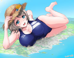 Rule 34 | 1girl, arm behind back, armpits, blue eyes, blue one-piece swimsuit, blush, breasts, building, city, cloud, collarbone, competition school swimsuit, competition swimsuit, dated, day, dust, flower, forest, full body, giant, giantess, grey hair, hair between eyes, hair flower, hair ornament, hat, landscape, large breasts, legs together, love live!, love live! school idol project, love live! sunshine!!, lying, mountain, nature, navel, ocean, on side, one-piece swimsuit, outdoors, scenery, school swimsuit, short hair, smile, sun hat, sunflower, sunflower hair ornament, swept bangs, swimsuit, thighs, torajimaneko, tree, watanabe you, water