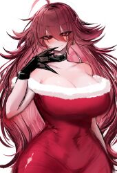 Rule 34 | ahoge, bell, blush, breasts, brown hair, choker, christmas, christmas dress, cleavage, dress, earrings, finger to mouth, friday night funkin&#039;, girlfriend (friday night funkin&#039;), gloves, glowing, glowing eye, highres, jewelry, large breasts, long hair, looking at viewer, messy hair, red dress, red eyes, seductive smile, smile, usa37107692, wide hips