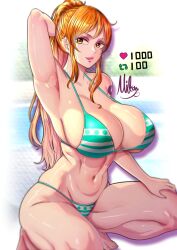Rule 34 | 1girl, arm tattoo, arm up, armpits, bikini, breasts, green bikini, high ponytail, highres, huge breasts, like and retweet, long hair, looking at viewer, meme, mifenami, nami (one piece), navel, one piece, orange hair, parted lips, ponytail, shiny skin, signature, solo, squatting, stomach, striped bikini, striped clothes, swimsuit, tattoo, thighs, thong, thong bikini, toned, twitter strip game (meme), very long hair, white background, wide hips, yellow eyes