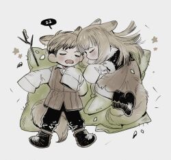 Rule 34 | 1boy, 1girl, aged down, animal ears, black footwear, black pants, blanket, blush, boots, brother and sister, brown skirt, brown vest, bug, child, closed eyes, dog boy, dog ears, dog girl, dog tail, drooling, dungeon meshi, falin touden, full body, fur-trimmed vest, fur trim, grey background, grey hair, laios touden, light brown hair, long hair, long sleeves, lying, on back, on side, open mouth, pants, profile, short hair, siblings, skirt, sleeping, sleeves past fingers, sleeves past wrists, spoken zzz, stick, tail, uuo 8o, vest, zzz