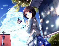 Rule 34 | 1girl, absurdres, bug, butterfly, cloud, day, female focus, highres, bug, nature, original, outdoors, power lines, sky, solo, zen (weishanzhe)