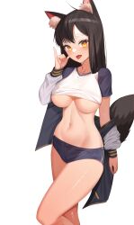Rule 34 | 1girl, absurdres, animal ear fluff, animal ears, bare legs, black buruma, black hair, black jacket, breasts, buruma, collarbone, commission, crop top, fox ears, fox girl, fox tail, gimseol, gym uniform, hand up, highres, jacket, large breasts, long hair, long sleeves, looking at viewer, midriff, navel, no bra, off shoulder, open clothes, open jacket, open mouth, original, pinky out, raglan sleeves, shirt, short sleeves, simple background, smile, solo, stomach, tail, thick eyebrows, thighs, tongue, tongue out, underboob, white background, white shirt, yellow eyes