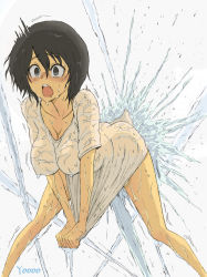 Rule 34 | 1girl, black eyes, black hair, blush, breasts, cleavage, covered erect nipples, drooling, empty eyes, feet out of frame, highres, leaning forward, medium breasts, mouth drool, open mouth, original, plus step, shirt, short hair, simple background, solo, trembling, water, wavy mouth, wet, wet clothes, wet shirt, white background, white shirt, wide-eyed