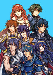 Rule 34 | alm (fire emblem), armor, blue eyes, blue hair, cape, celica (fire emblem), chrom (fire emblem), dress, earrings, falchion (fire emblem), father and daughter, fingerless gloves, fire emblem, fire emblem: genealogy of the holy war, fire emblem awakening, fire emblem echoes: shadows of valentia, fire emblem heroes, gloves, green hair, headband, holding, holding weapon, jewelry, long hair, looking at viewer, lucina (fire emblem), marth (fire emblem), multiple boys, nintendo, red eyes, red hair, seliph (fire emblem), short hair, sigurd (fire emblem), smile, sword, tiara, weapon