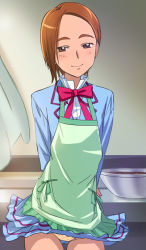Rule 34 | 10s, 1girl, apron, arms behind back, blue shirt, bow, bowtie, brown hair, classroom, clothes lift, curtains, girl with brown short hair (suite precure), haruyama kazunori, indoors, light smile, looking at viewer, panties, pantyshot, precure, school, school uniform, shirt, short hair, skirt, skirt lift, solo, standing, suite precure, underwear, wind, wind lift