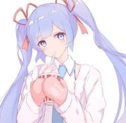 Rule 34 | 1girl, absurdres, blue eyes, blue hair, blue necktie, collared shirt, commentary, cup, disposable cup, drinking, fur-trimmed jacket, fur trim, hair ribbon, hatsune miku, head tilt, highres, holding, holding cup, jacket, long hair, long sleeves, mittens, necktie, open clothes, open jacket, pink mittens, red ribbon, ribbon, shirt, simple background, solo, twintails, upper body, very long hair, vocaloid, white background, white jacket, white shirt, yuzuaji
