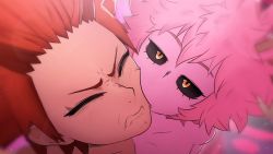 Rule 34 | 1boy, 1girl, 3d, ashido mina, biting, black sclera, boku no hero academia, cheek biting, close-up, closed eyes, closed mouth, collarbone, colored sclera, colored skin, commentary, completely nude, english commentary, frown, greatm8, half-closed eyes, highres, horns, jitome, kirishima eijirou, nude, photoshop (medium), pink hair, pink skin, red hair, short hair, source filmmaker (medium), v-shaped eyebrows, yellow eyes