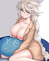 Rule 34 | 1girl, bare legs, blush, breasts, buttons, closed mouth, collarbone, cypress, hair between eyes, kantai collection, large breasts, long hair, long sleeves, nipples, open clothes, solo, twitter username, unryuu (kancolle), very long hair, white hair, yellow eyes, yes-no pillow