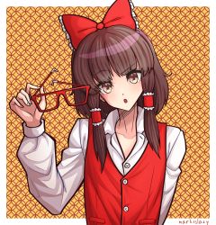 Rule 34 | 1girl, absurdres, artist name, bow, brown eyes, brown hair, buttons, unworn eyewear, hair ornament, hakurei reimu, highres, holding, holding removed eyewear, jacket, long sleeves, looking at viewer, markislazy, open mouth, red-framed eyewear, red bow, red jacket, shirt, solo, touhou, white shirt