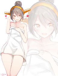 Rule 34 | 10s, 1girl, :d, alternate costume, alternate hairstyle, bad id, bad pixiv id, bare arms, bare shoulders, black hair, gluteal fold, hair between eyes, hair bun, hairband, haruna (kancolle), heart, highres, kantai collection, looking to the side, naked towel, open mouth, single hair bun, smile, solo, tebi (tbd11), thigh gap, towel, white towel, yellow eyes, zoom layer