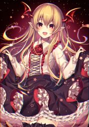 Rule 34 | 1girl, :d, black background, black skirt, black thighhighs, blonde hair, blush, chromatic aberration, clothes lift, collared shirt, cowboy shot, fang, flower, frilled shirt, frilled skirt, frills, granblue fantasy, hair between eyes, hands up, head wings, highres, homaderi, lifted by self, long hair, long sleeves, looking at viewer, open mouth, pointy ears, red eyes, red flower, rose, shingeki no bahamut, shirt, skirt, skirt lift, smile, solo, standing, star (symbol), thighhighs, vampy, white shirt, wings, zettai ryouiki