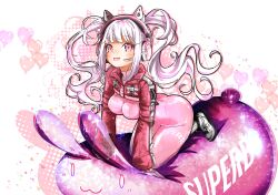 Rule 34 | 1girl, :d, alice (nikke), animal ear headphones, blush, bodysuit, breasts, covered navel, cropped jacket, fake animal ears, gloves, goddess of victory: nikke, grey hair, hair between eyes, headphones, headset, hiycca (katatumuri), impossible bodysuit, impossible clothes, jacket, kneeling, latex, latex bodysuit, long hair, medium breasts, multicolored hair, open mouth, pink bodysuit, pink eyes, pink gloves, pink hair, red jacket, shoes, sidelocks, skin tight, smile, sneakers, solo, twintails, two-tone gloves, two-tone hair, white gloves