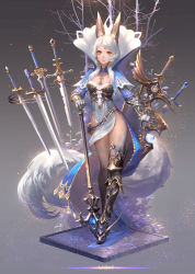 Rule 34 | 1girl, animal ears, armor, armored dress, belt, cat ears, faux figurine, floating, fom (lifotai), fox ears, fox tail, full body, gauntlets, gradient background, grey background, highres, jewelry, lazas, long hair, looking at viewer, necklace, original, pixiv fantasia, pixiv fantasia fallen kings, pouch, scepter, solo, standing, sword, tail, thighs, tree, weapon, white hair, yellow eyes