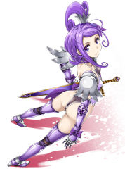 Rule 34 | 1girl, adapted costume, arched back, armor, armored boots, ass, boots, bow, breasts, choker, closed mouth, cure sword, dokidoki! precure, dutch angle, earrings, elbow gloves, from behind, full body, gauntlets, gloves, hair ornament, hisakawa chin, holding, holding sword, holding weapon, jewelry, kenzaki makoto, leotard, looking at viewer, looking up, magical girl, ponytail, precure, purple eyes, purple hair, ribbon, shiny skin, short hair, small breasts, solo, spade hair ornament, standing, sword, weapon