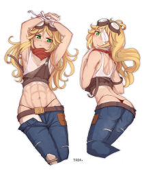 Rule 34 | 1girl, abs, armpits, ascot, bandage over one eye, belt, blonde hair, blush, bound, bound wrists, denim, goggles, goggles on head, green eyes, highres, hololive, hololive english, jeans, long hair, mythbreakers (hololive english), pants, scout (mythbreakers), simple background, sleeveless, solo, sweatdrop, tan, tank top, tanline, tanline peek, tfqr, thong, torn clothes, torn pants, virtual youtuber, white background
