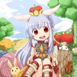 Rule 34 | 1boy, 1girl, animal ears, blue sky, boots, broccoli, brown jumpsuit, character request, cheese, cloud, commentary request, crown, day, feet out of frame, floppy ears, food, futami yayoi, grey hair, in-universe location, jumpsuit, long hair, looking at viewer, mechanic (ragnarok online), medium bangs, open mouth, outdoors, panda, pullcart, rabbit, rabbit ears, ragnarok online, red eyes, red footwear, round teeth, sidelocks, sky, smile, solo focus, teeth, tomato, ultra series, ultraman, ultraman (1st series), upper teeth only, yarn, yarn ball, zetton