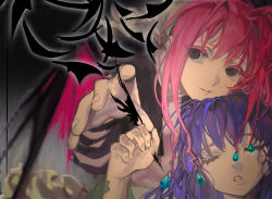 Rule 34 | 2girls, aqua gemstone, black eyes, black wings, blurry, commentary, crystal, demon wings, depth of field, dual persona, empty eyes, facing viewer, fingernails, hair intakes, hair ornament, hand on another&#039;s cheek, hand on another&#039;s face, hand up, headdress, heads together, highres, holding, holding pen, hunter x hunter, komeokun, long hair, long sleeves, looking at viewer, magic, multiple girls, neon nostrade, outstretched arm, parted lips, pen, pink hair, pink wings, purple eyes, reaching, reaching towards viewer, smile, torn clothes, two-tone wings, wings
