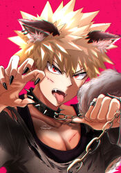 Rule 34 | 1boy, abs, absurdres, animal ears, bakugou katsuki, black nails, black tank top, blonde hair, boku no hero academia, chain, collar, esora-arts, fangs, fox ears, grey shirt, highres, male focus, muscular, muscular male, open mouth, pink background, red eyes, shirt, short hair, solo, spiked collar, spiked hair, spikes, tank top, teeth, tongue, tongue out, torn clothes, torn shirt