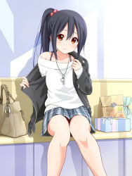 Rule 34 | 1girl, bag, black hair, black jacket, blue skirt, brown eyes, casual, closed mouth, collarbone, dresstrip, feet out of frame, hair between eyes, hair bobbles, hair ornament, handbag, jacket, jewelry, k-on!, long hair, long sleeves, looking at viewer, nakano azusa, necklace, paper bag, plaid, plaid skirt, ponytail, presenting, removing jacket, shirt, sitting, skirt, smile, solo, split mouth, white shirt