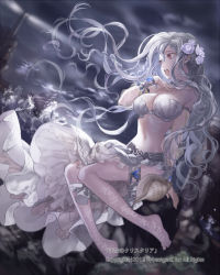 Rule 34 | 1girl, barefoot, bra, breasts, cleavage, flower, hair flower, hair ornament, hand on own chest, jewelry, large breasts, lighthouse, long hair, lots of jewelry, midriff, navel, night, night sky, open mouth, shell, silver hair, sitting, sky, solo, tenkuu no crystalia, underwear, ushi (newrein), very long hair, water, watermark, wind
