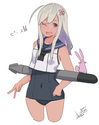 Rule 34 | 1girl, absurdres, covered navel, crop top, cropped legs, dated, flower, hair flower, hair ornament, highres, inica, kantai collection, long hair, one-piece swimsuit, one-piece tan, one eye closed, open mouth, ro-500 (kancolle), sailor collar, school swimsuit, signature, smile, solo, swimsuit, swimsuit under clothes, tan, tanline, torpedo, v