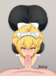 Rule 34 | 1boy, 1girl, absurdres, ahoge, all fours, artist name, ass, blonde hair, blush, bow, dragonbreath, fellatio, from above, grey background, hetero, highres, huge ass, long hair, looking at viewer, maid, maid headdress, oral, penis, pov, puffy sleeves, purple eyes, rwby, short sleeves, skirt, uncensored, white bow, yang xiao long