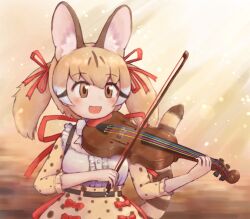 Rule 34 | 1girl, animal ears, belt, bow, bow (music), bowtie, brown eyes, brown hair, cat ears, cat girl, cat tail, extra ears, highres, instrument, kemono friends, kemono friends v project, large-spotted genet (kemono friends), long hair, open mouth, ribbon, shirt, skirt, solo, suspenders, tail, twintails, violin, virtual youtuber, zzz ansh