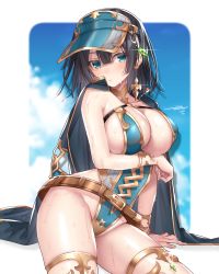 Rule 34 | 1girl, aqua eyes, aqua hat, aqua one-piece swimsuit, arm under breasts, bare shoulders, belt, black hair, blush, bracelet, breasts, buckle, cape, charte (gemini seed), cleavage, earrings, gemini seed, groin, hattori masaki, highres, jewelry, large breasts, looking at viewer, one-piece swimsuit, shiny skin, short hair, sidelocks, sitting, solo, swimsuit, thighlet, thighs, visor cap, wet