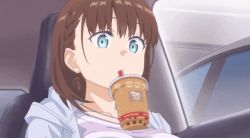 Rule 34 | 1girl, ai-chan (tawawa), animated, animated gif, blue eyes, braid, breasts, brown hair, bubble tea, bubble tea challenge, car interior, cellphone, collarbone, cup, disposable cup, drinking, earrings, getsuyoubi no tawawa, iphone, jacket, jewelry, large breasts, looking down, milk tea, mouth hold, object on breast, phone, purple jacket, purple shirt, shirt, short hair, side braid, sitting, smartphone, solo, striped clothes, striped shirt