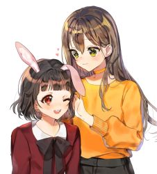 Rule 34 | 2girls, ;d, animal ears, bang dream!, black hair, black neckwear, blunt bangs, blush, choker, commentary, green eyes, hanazono tae, headpat, heart, long hair, looking at another, maneul (gr 722), multiple girls, neck ribbon, one eye closed, open mouth, orange choker, orange shirt, rabbit ears, red eyes, red shirt, ribbon, shirt, short hair, simple background, smile, sweater, symbol-only commentary, upper body, ushigome rimi, white background, yellow choker, yellow shirt