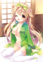 Rule 34 | 1girl, ahoge, arm support, blush, bow, breasts, brown eyes, commentary request, full body, futon, green bow, green kimono, hair between eyes, hair bow, hair flaps, indoors, japanese clothes, kimono, large breasts, light brown hair, long hair, long sleeves, looking at viewer, natsuki yuu (amemizu), navel, no shoes, on bed, one eye closed, open clothes, open kimono, open mouth, original, panties, sidelocks, sleepy, sliding doors, solo, thighhighs, underwear, very long hair, white panties, white thighhighs, yawning