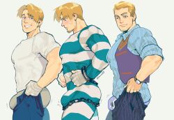 Rule 34 | 1boy, age progression, ass, bara, blush, bodysuit, bulge, bulge lift, chain, character request, copyright request, cuffs, denim, dressing, facial hair, feet out of frame, from side, goatee, handcuffs, highres, i&#039;ve never seen a guy recreate this successfully tbh (meme), jeans, large pectorals, male focus, mature male, meme, muscular, muscular male, open pants, pants, pants lift, pectorals, prison clothes, prisoner, short hair, sideburns, striped clothes, striped pants, stubble, undersized clothes, vest, zonknuckle