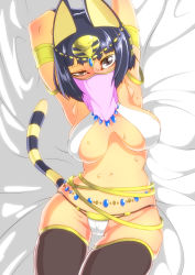 Rule 34 | 1girl, animal crossing, animal ears, ankha (animal crossing), armlet, armpits, arms up, bed sheet, bikini, black hair, black thighhighs, breasts, breasts apart, cat ears, cat tail, circlet, cleavage, furry, furry female, grey eyes, halterneck, highres, jewelry, large breasts, looking at viewer, lowleg, lying, mouth veil, nintendo, on back, short hair, skindentation, slit pupils, solo, sweat, swimsuit, tail, thighhighs, tiara, veil, wide-eyed, yuuri splatoon