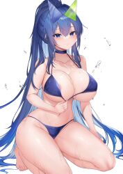 Rule 34 | 1girl, :3, absurdly long hair, absurdres, areola slip, azur lane, bare shoulders, barefoot, bikini, bikini pull, blue bikini, blue choker, blue eyes, blue hair, breasts, choker, cleavage, clothes pull, collarbone, commentary request, covered erect nipples, deogho (liujinzy9854), eyewear on head, hair between eyes, hair intakes, highres, kneeling, korean commentary, large breasts, long hair, looking at viewer, navel, new jersey (azur lane), new jersey (midsummer leisure) (azur lane), official alternate costume, official alternate hairstyle, ponytail, sidelocks, simple background, smile, solo, stomach, sunglasses, swimsuit, very long hair, wet, white background