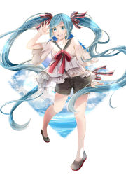 Rule 34 | 1girl, absurdly long hair, anniversary, aqua eyes, aqua hair, artist name, artist request, bad id, bad pixiv id, bare legs, birthday, black footwear, black pants, black sailor collar, black shorts, blouse, blue eyes, blue hair, blue sky, blush, bow, breasts, cloud, cloudy sky, collarbone, female focus, floating hair, full body, grey sailor collar, hair bow, hair ribbon, hand wave, happy birthday, hatsune miku, highres, long hair, looking at viewer, open mouth, pants, parted lips, red bow, red neckwear, ribbon, sailor collar, see-through, sekiranun graffiti (vocaloid), shirt, shoes, short shorts, short sleeves, shorts, simple background, sky, small breasts, smile, solo, striped bow, striped ribbon, suspender shorts, suspenders, teeth, twintails, very long hair, vocaloid, white background, white shirt, wrist bow, wrist ribbon, xi lan