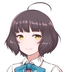 Rule 34 | 1girl, ahoge, artist name, black hair, blue neckwear, blunt bangs, closed mouth, disco brando, kantai collection, kishinami (kancolle), looking at viewer, portrait, short hair, simple background, smile, solo, twitter username, white background, wing collar, yellow eyes