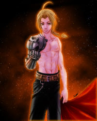 Rule 34 | 00s, 1boy, abs, amputee, belt, black pants, blonde hair, braid, cape, chain, edward elric, fullmetal alchemist, gyaogyao99, image sample, jacket, male focus, matching hair/eyes, muscular, night, pants, pixiv sample, prosthesis, prosthetic arm, red jacket, resized, topless male, solo, standing, star (symbol), yellow eyes