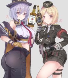 Rule 34 | 2girls, absurdres, alcohol, ass, blonde hair, breasts, commission, girls&#039; frontline, hat, highres, large breasts, looking at viewer, martinreaction, military, military hat, military uniform, mp40 (girls&#039; frontline), multiple girls, purple hair, simple background, thompson (girls&#039; frontline), uniform