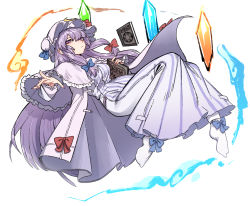 Rule 34 | 1girl, blue bow, blue ribbon, book, bow, closed mouth, crescent, crescent hat ornament, dress, fingernails, full body, hair bow, hat, hat ornament, hat ribbon, highres, long hair, long sleeves, mob cap, nyong nyong, patchouli knowledge, purple eyes, purple hair, red bow, red ribbon, ribbon, simple background, socks, solo, striped clothes, striped dress, touhou, vertical-striped clothes, vertical-striped dress, white background, white hat, white socks