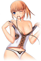 Rule 34 | 1girl, ;), areola slip, adventurer (ff11), bare shoulders, black dress, blonde hair, blue eyes, breasts, cleavage, closed mouth, collarbone, crossed bangs, dress, final fantasy, final fantasy xi, fingernails, hands up, hume, looking at viewer, medium breasts, mouth hold, one eye closed, panties, pink lips, ponytail, ringed eyes, simple background, smile, solo, taisai soft, thighs, two-tone panties, underwear, undressing, white background, white panties