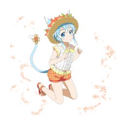 Rule 34 | 1girl, aged down, animal ears, blue eyes, blue hair, bow, cat ears, cat tail, child, dress shirt, floating hair, flower, full body, hair between eyes, hair ribbon, hat, hat flower, highres, kneeling, looking at viewer, official art, orange flower, orange shorts, parted lips, plaid, plaid shorts, ribbon, shirt, short hair with long locks, short shorts, short sleeves, shorts, sidelocks, sinon (sao-alo), solo, sun hat, sword art online, tail, tail bow, tail ornament, transparent background, white ribbon, white shirt, yellow hat, yellow neckwear