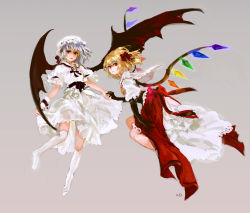 Rule 34 | 2girls, adapted costume, alternate costume, bat wings, black gloves, blonde hair, blue hair, crystal, elbow gloves, flandre scarlet, full body, gloves, grey background, hair ribbon, holding hands, hat, hat ribbon, highres, looking at viewer, mob cap, multiple girls, no headwear, open mouth, puffy sleeves, red eyes, remilia scarlet, ribbon, shirt, short hair, short sleeves, siblings, side ponytail, simple background, sisters, skirt, skirt hold, skirt set, thighhighs, touhou, white legwear, wings, woodenmanatees, wrist cuffs, zettai ryouiki
