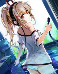 Rule 34 | 1girl, ass, ayanami (azur lane), ayanami (niconico) (azur lane), azur lane, blurry, cable, commentary request, depth of field, from behind, hair between eyes, headgear, headphones, highres, holding, holding cable, long hair, looking at viewer, looking back, orange eyes, oversized clothes, panties, ponytail, shirt, short sleeves, sidelocks, silver hair, solo, t-shirt, tokisaka ena, underwear, white panties, white shirt