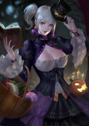 Rule 34 | 1girl, alternate hair color, basket, book, breasts, brown eyes, candle, cleavage, cleavage cutout, clothing cutout, dress, earrings, eyelashes, fingernails, gothic lolita, halloween, handler (monster hunter world), hat, hat tip, jack-o&#039;-lantern, jack-o&#039;-lantern earrings, jewelry, large breasts, lolita fashion, looking at viewer, mini hat, mini top hat, monster hunter, monster hunter: world, monster hunter (series), nail polish, official alternate costume, open book, parted lips, phamoz, purple nails, ring, sharp fingernails, side ponytail, silver hair, smile, solo, top hat, wristband